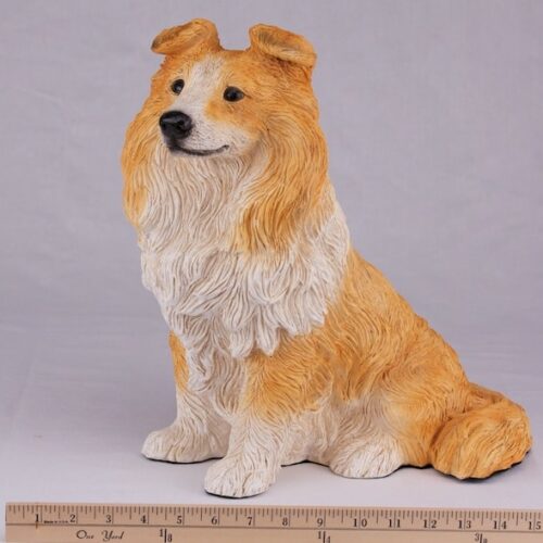 Shetland Sheepdog Sheltie pet dog cremation urn figurine, with ruler