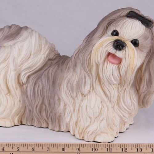 Shih Tzu pet dog cremation urn figurine, with ruler