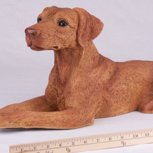 Vizsla pet dog cremation urn figurine, with ruler