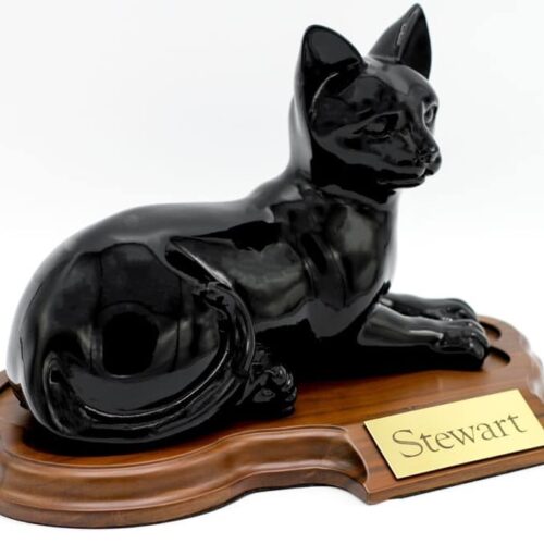Faithful feline porcelain style cat cremation urn, laying, black, with base