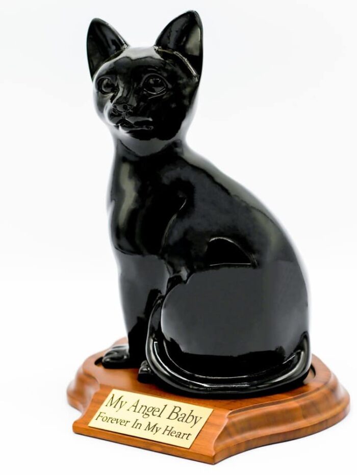 Faithful feline porcelain style cat cremation urn, sitting, black, with base