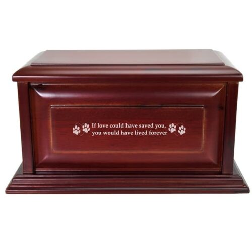 Cherry wood finish raised panel cremation urn, engraved front wood