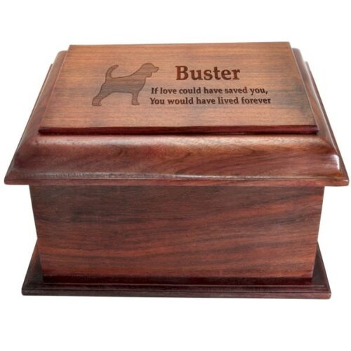 Large stately wood cremation urn, top engraving