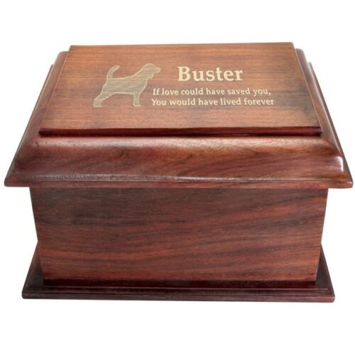 Large stately wood cremation urn, top engraving with gold fill