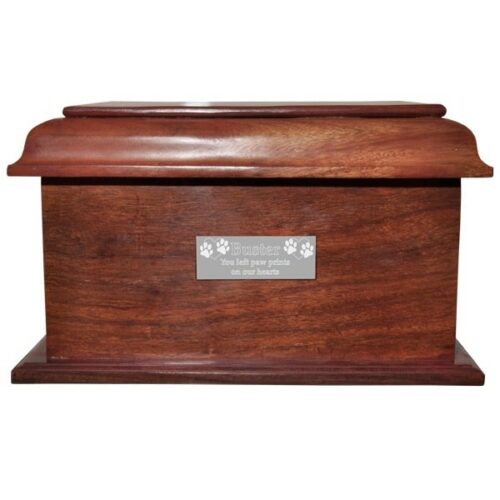 Large stately wood cremation urn with silver plaque