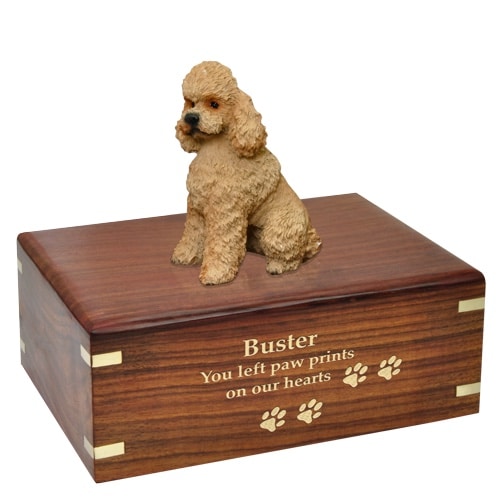 Sport cut apricot poodle dog pet memorial cremation urn, wood engraving with gold fill