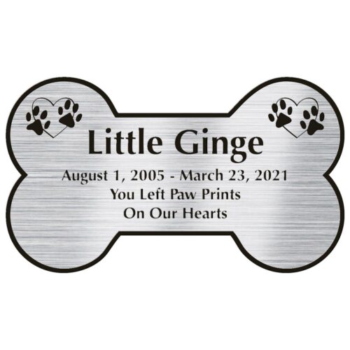 Engraved acrylic memorial urn plate, silver finish, bone shape, block font