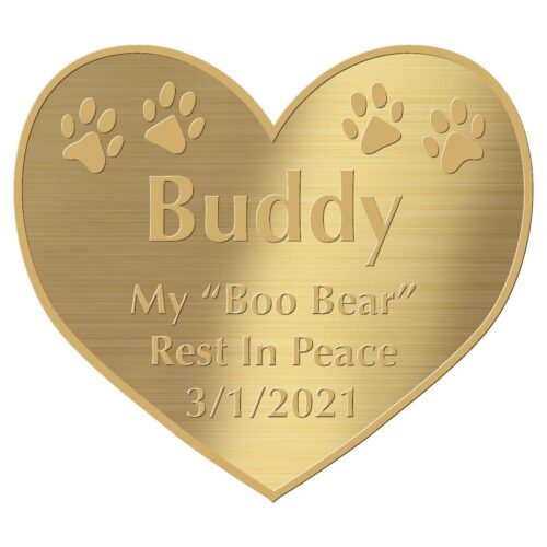 Engraved acrylic memorial urn plate, brass finish, heart shape, gold text, block font