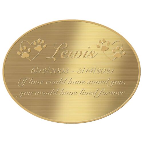 Engraved acrylic memorial urn plate, brass finish, oval shape, gold text, script font