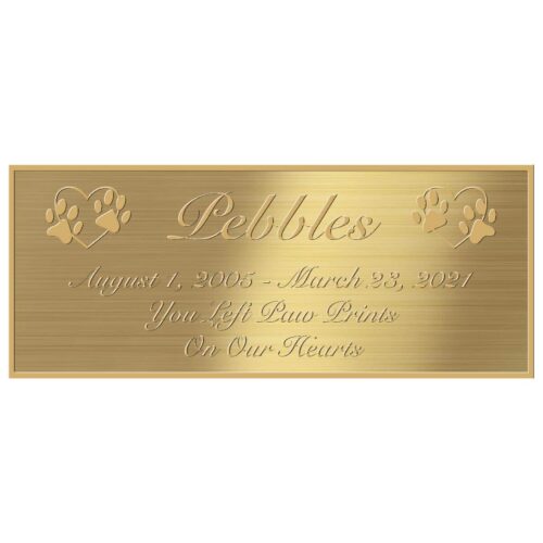 Engraved acrylic memorial urn plate, silver finish, rectangular shape, gold text, script font