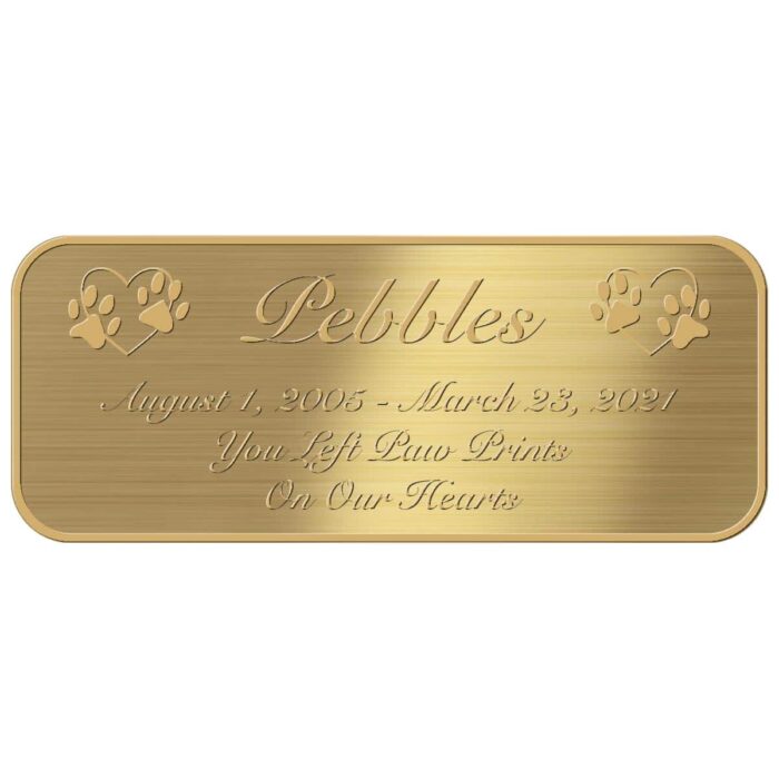 Engraved acrylic memorial urn plate, brass finish, rectangular shape, rounded corners, script font