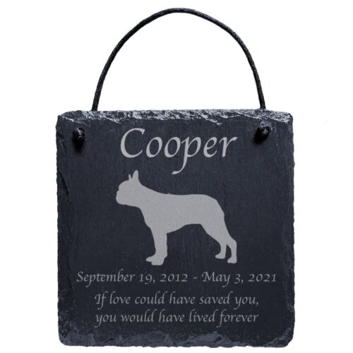 Engraved silhouette memorial slate plaque, Boston Terrier 2, cord