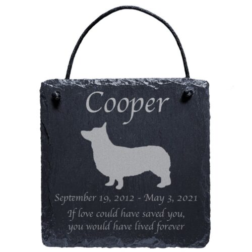 Engraved silhouette memorial slate plaque, cord, Corgi 1