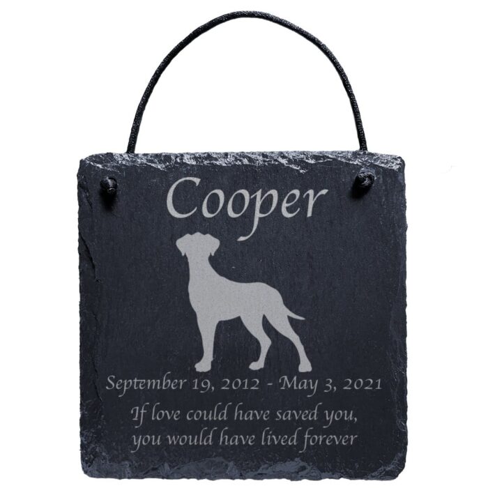 Engraved silhouette memorial slate plaque, cord, Great Dane 1