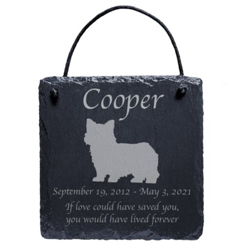 Engraved silhouette memorial slate plaque, cord, Norwich Terrier 1