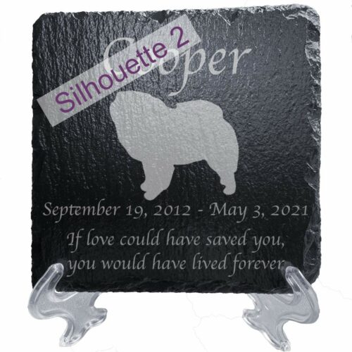 Engraved silhouette memorial slate plaque, stand, Chow Chow, sill 2