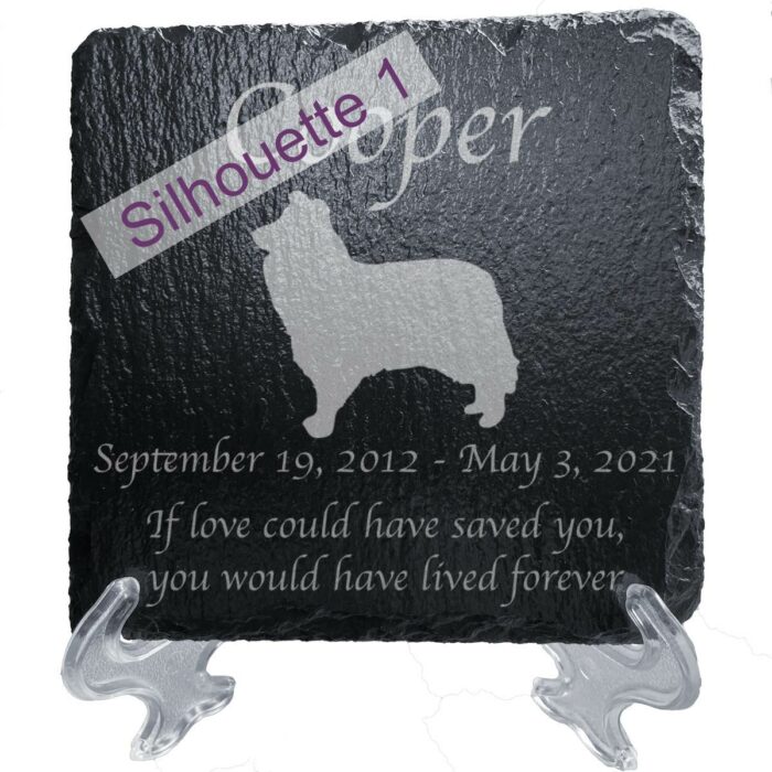 Engraved silhouette memorial slate plaque, stand, Collie sill1