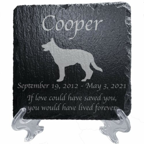 Engraved silhouette memorial slate plaque, stand, German Shepherd 1