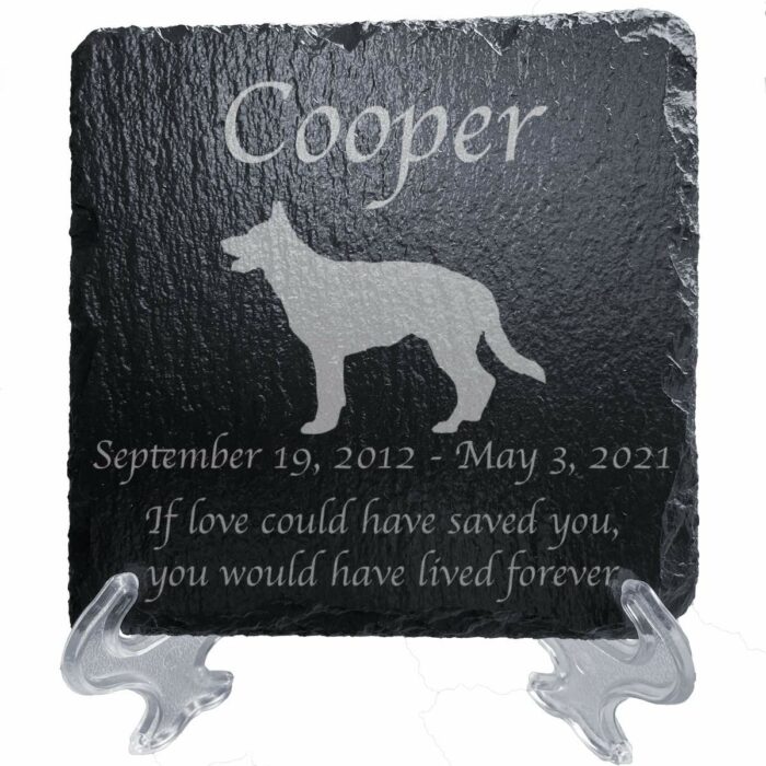 Engraved silhouette memorial slate plaque, stand, German Shepherd 1