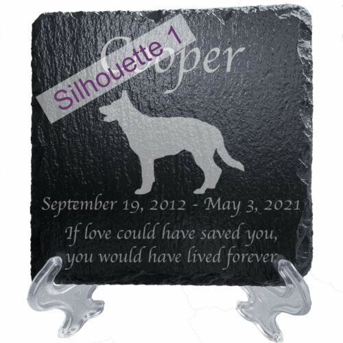 Engraved silhouette memorial slate plaque, stand, German Shepherd 1