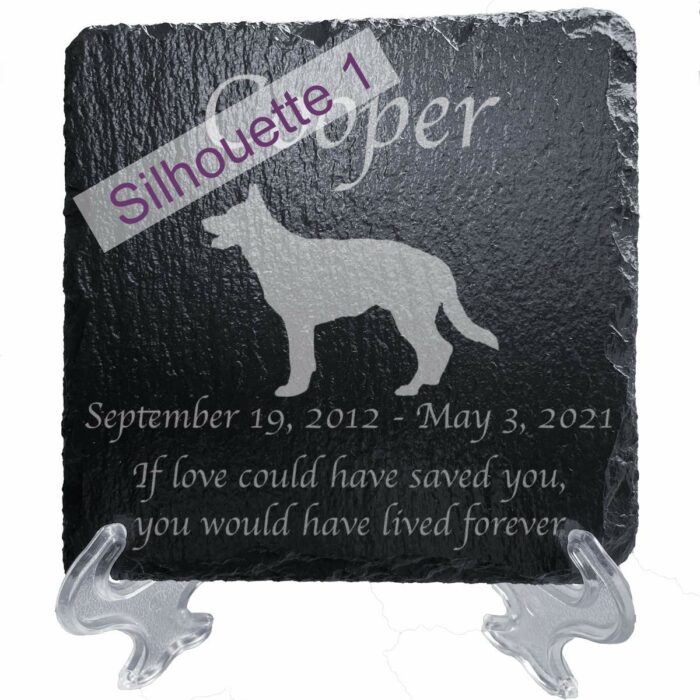 Engraved silhouette memorial slate plaque, stand, German Shepherd 1