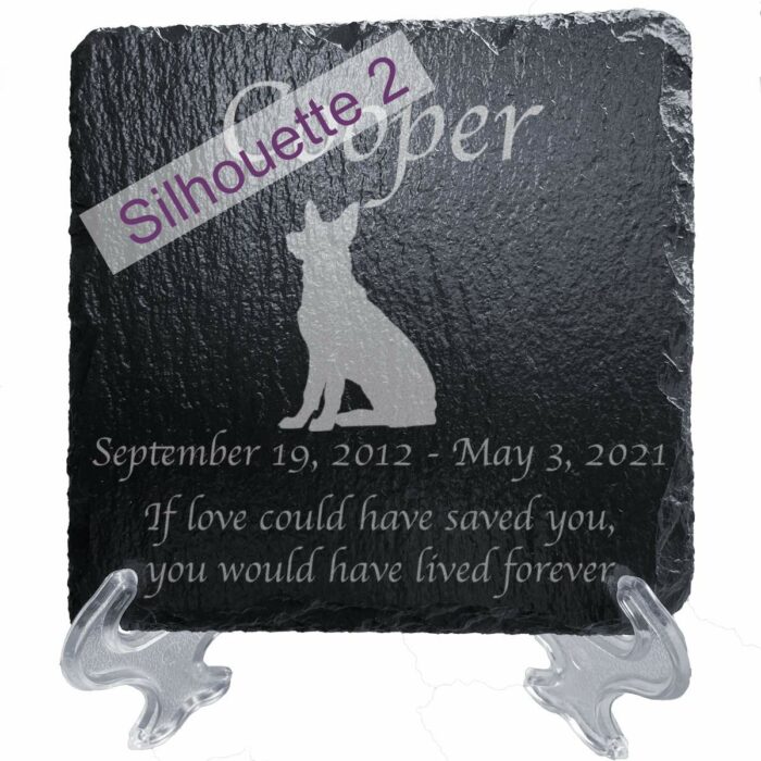 Engraved silhouette memorial slate plaque, stand, German Shepherd 2