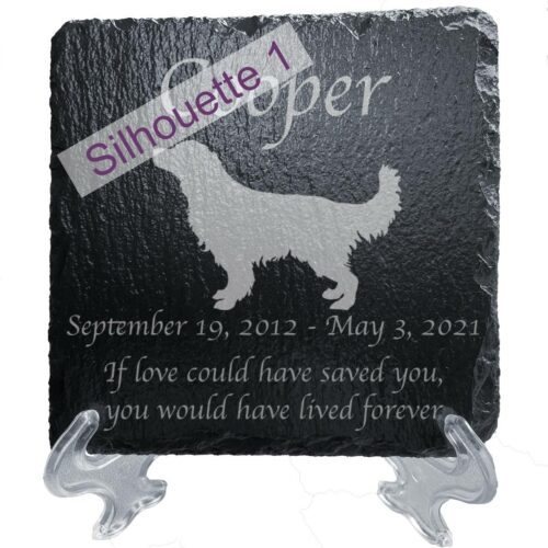 Engraved silhouette memorial slate plaque, stand, Golden Retriever 1