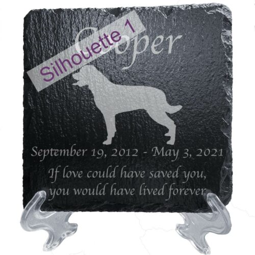 Engraved silhouette memorial slate plaque, stand, Rottweiler sill1