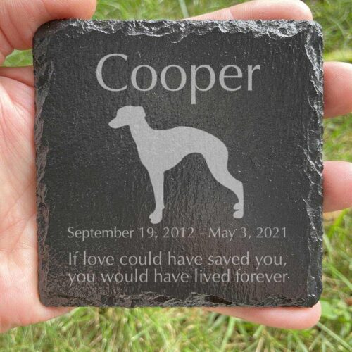 Engraved silhouette memorial slate plaque, grass, Whippet 1