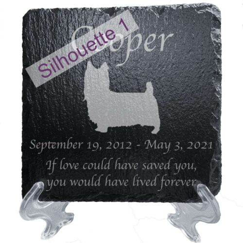 Engraved silhouette memorial slate plaque, stand, Silky Terrier sill1