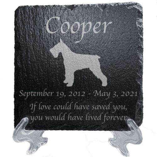 Engraved silhouette memorial slate plaque, stand, Schnauzer 1