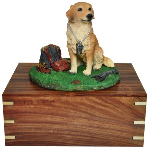 Golden Retriever with stump figurine memorial cremation urn, front
