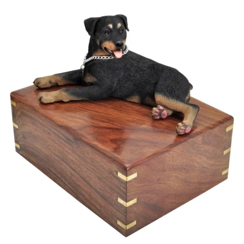 Rottweiler dog figurine wood memorial cremation urn