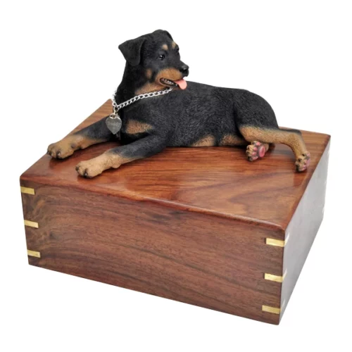 Rottweiler dog figurine wood memorial cremation urn