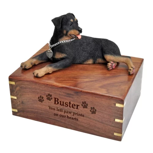 Rottweiler dog figurine wood memorial cremation urn, engraved wood