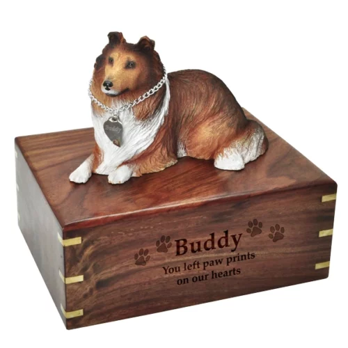 Collie dog figurine wood memorial cremation urn, engraved wood