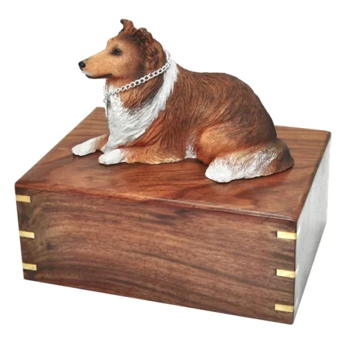 Collie dog figurine wood memorial cremation urn, alternate view