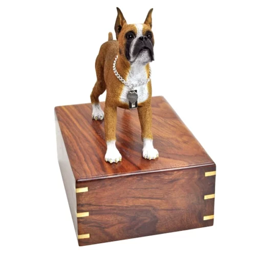 Boxer, tawny & white, cropped ears dog figurine wood memorial cremation urn, alternate view