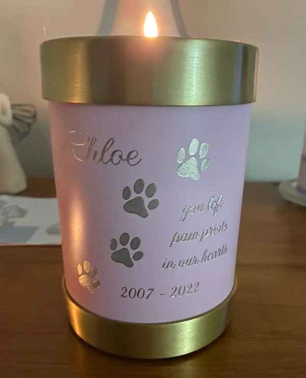 engraved pink brass candle holder urn