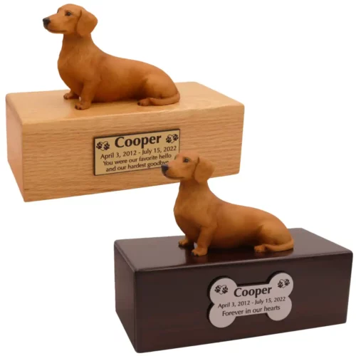 Budget dog figurine cremation urn, oak or walnut, with red Dachshund figurine, engraved acrylic plaque