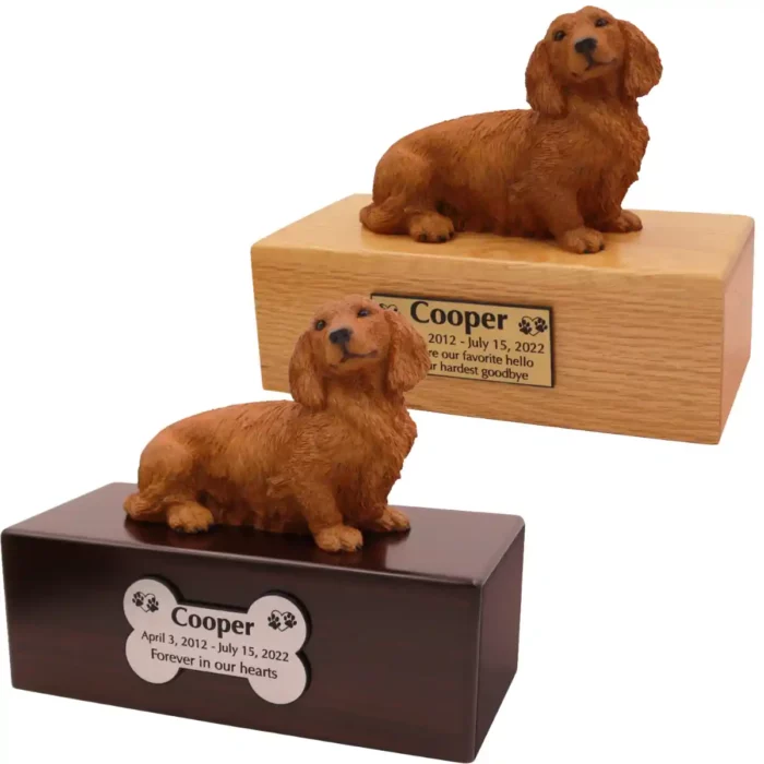 Budget dog figurine cremation urn, oak or walnut, with red long-haired dachshund figurine, engraved acrylic plaque
