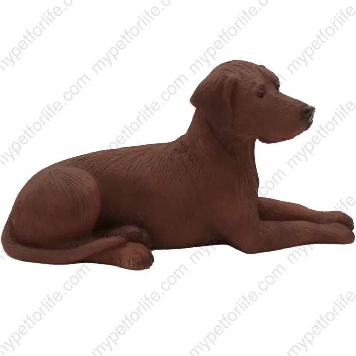 Laying chocolate Labrador Retriever dog figurine for memorial urn, side