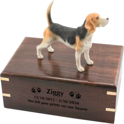 Beagle dog figurine on wood cremation urn, engraved wood, black fill
