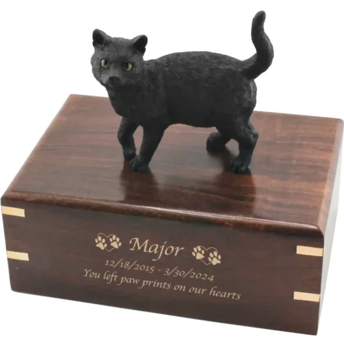 Black shorthaired cat figurine on wood cremation urn, engraved wood, gold fill