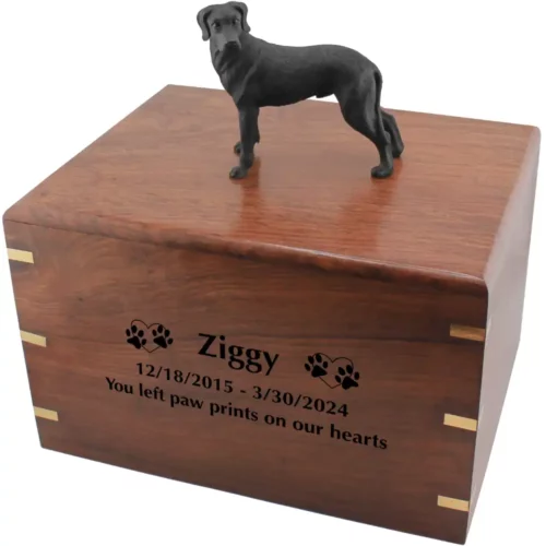 Standing black great dane dog figurine on wood cremation urn, engraved wood, black fill