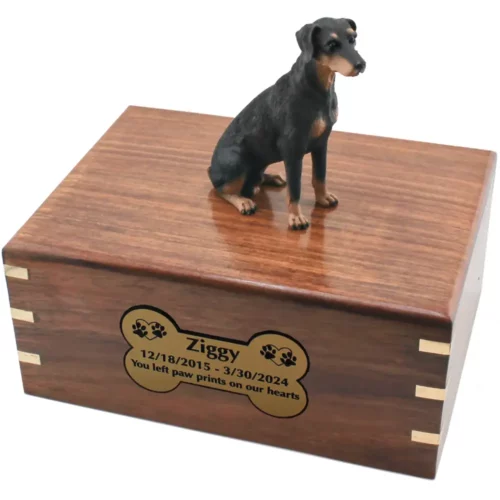 Sitting uncropped black doberman pinscher dog figurine on wood cremation urn, engraved plate
