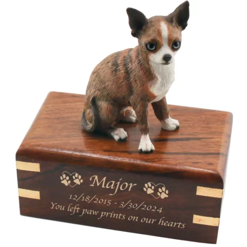 Brindle chihuahua dog figurine wood cremation urn, engraved wood, gold fill