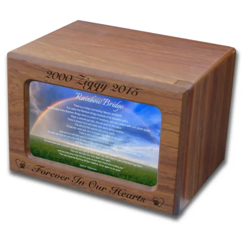 Wood photo pet cremation urn for dog or cat, with rainbow bridge poem, engraving available, brown teak finish